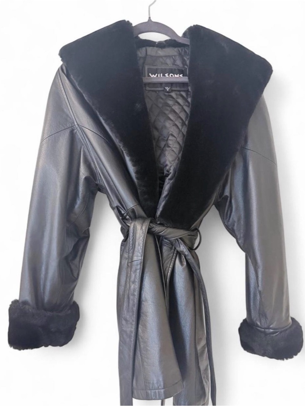 Wilson Leather Faux-Fur Trim Black Wrap Coat